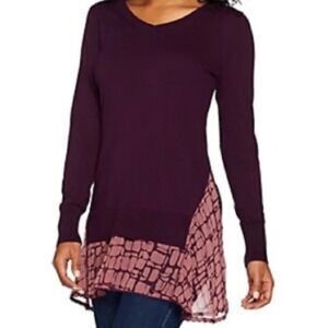 LOGO by Lori Goldstein Plum Cotton Cashmere Sweater Tunic Faux Layers Womens XXS